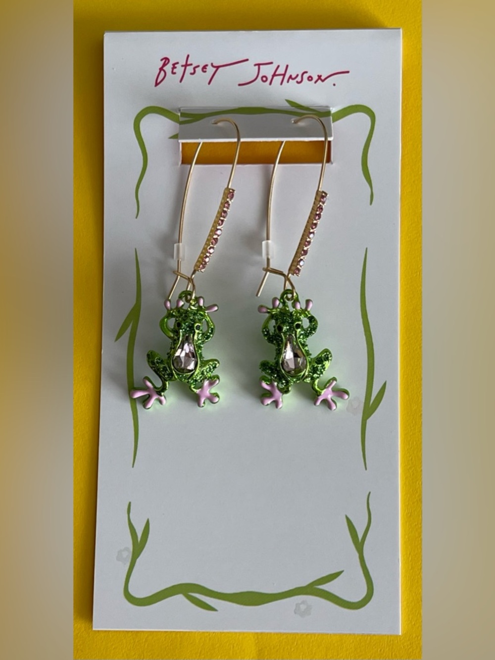 Authentic Betsey Johnson Green & Pink Frog Dangle Earrings - crystals and gold